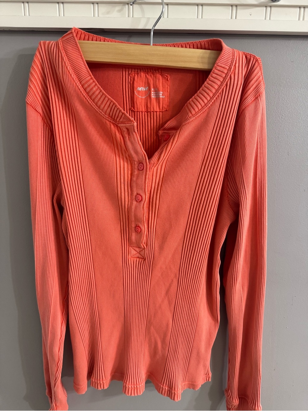 aerie Coral Ribbed Henley Long-Sleeve Top